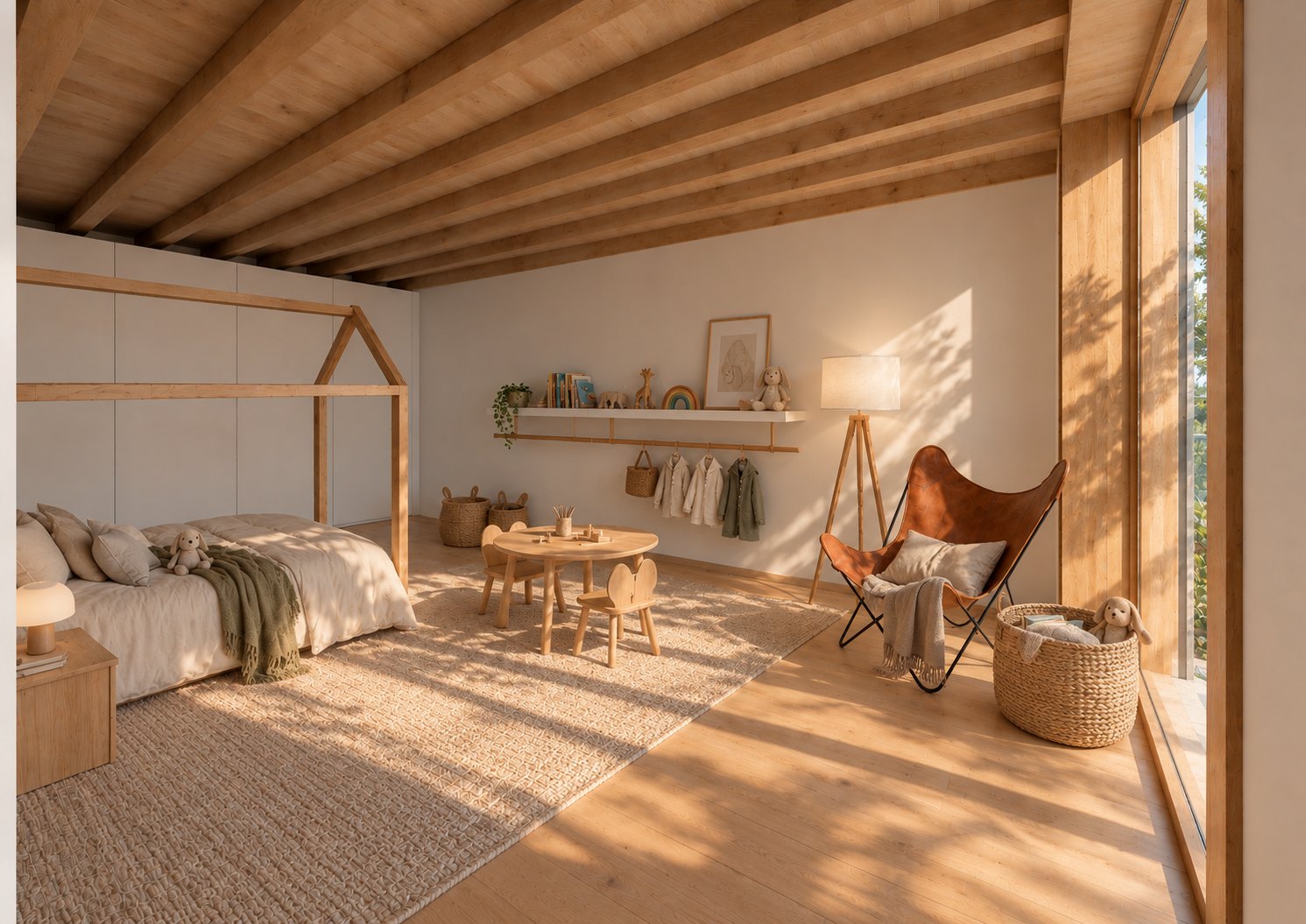 Children’s bedroom with timber ceiling and a full-height window – CP386 house rehabilitation in Ansião, Portugal (3D render)