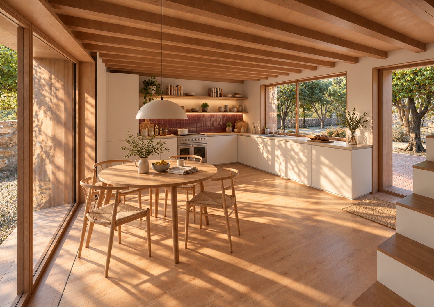 Kitchen and dining area opening to the garden through large glazed openings – CP386 house rehabilitation in Ansião, Portugal (3D render)