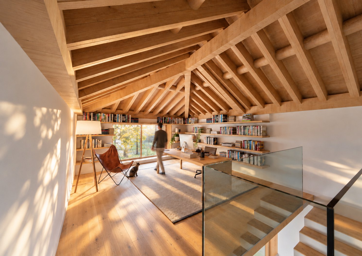 Library and study in the attic, under the timber roof structure – CP386 house rehabilitation in Ansião, Portugal (3D render)