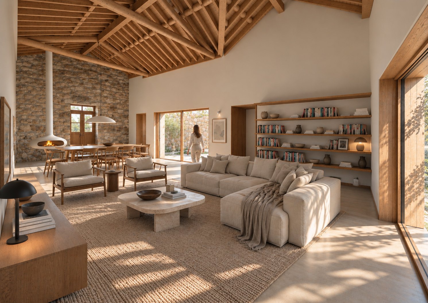 Living and dining room under the exposed timber roof, with the original stone wall and a hanging fireplace – CP386 house rehabilitation in Ansião, Portugal (3D render)