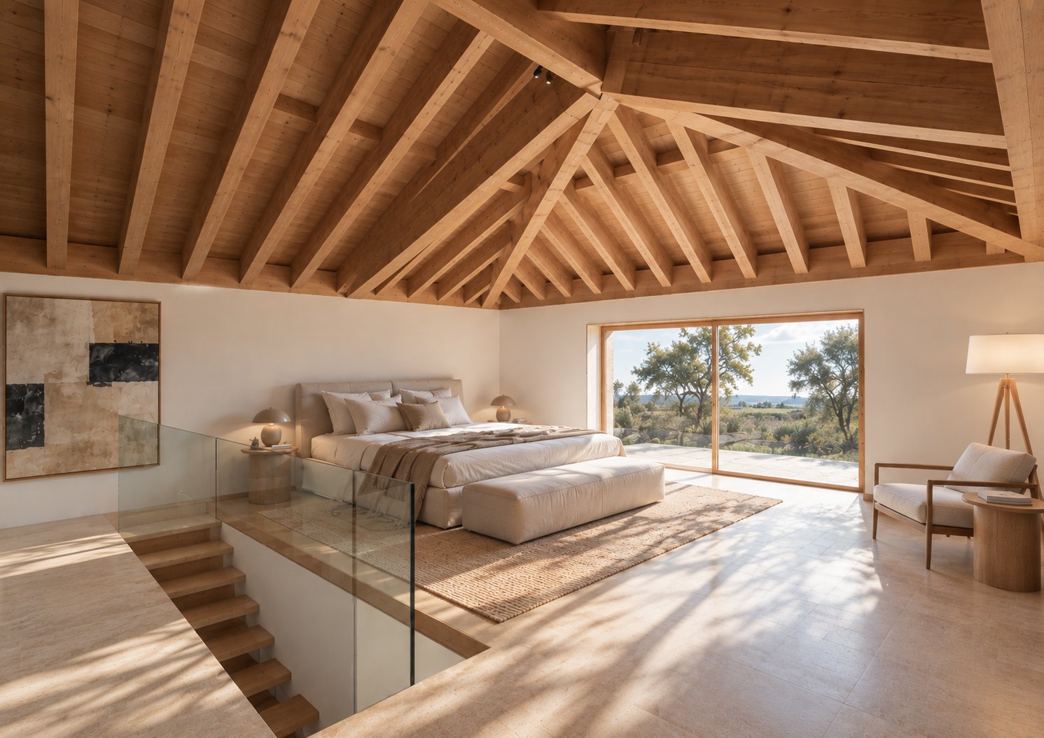 Main bedroom under the timber roof, with a large glazed opening to the landscape – CP386 house rehabilitation in Ansião, Portugal (3D render)
